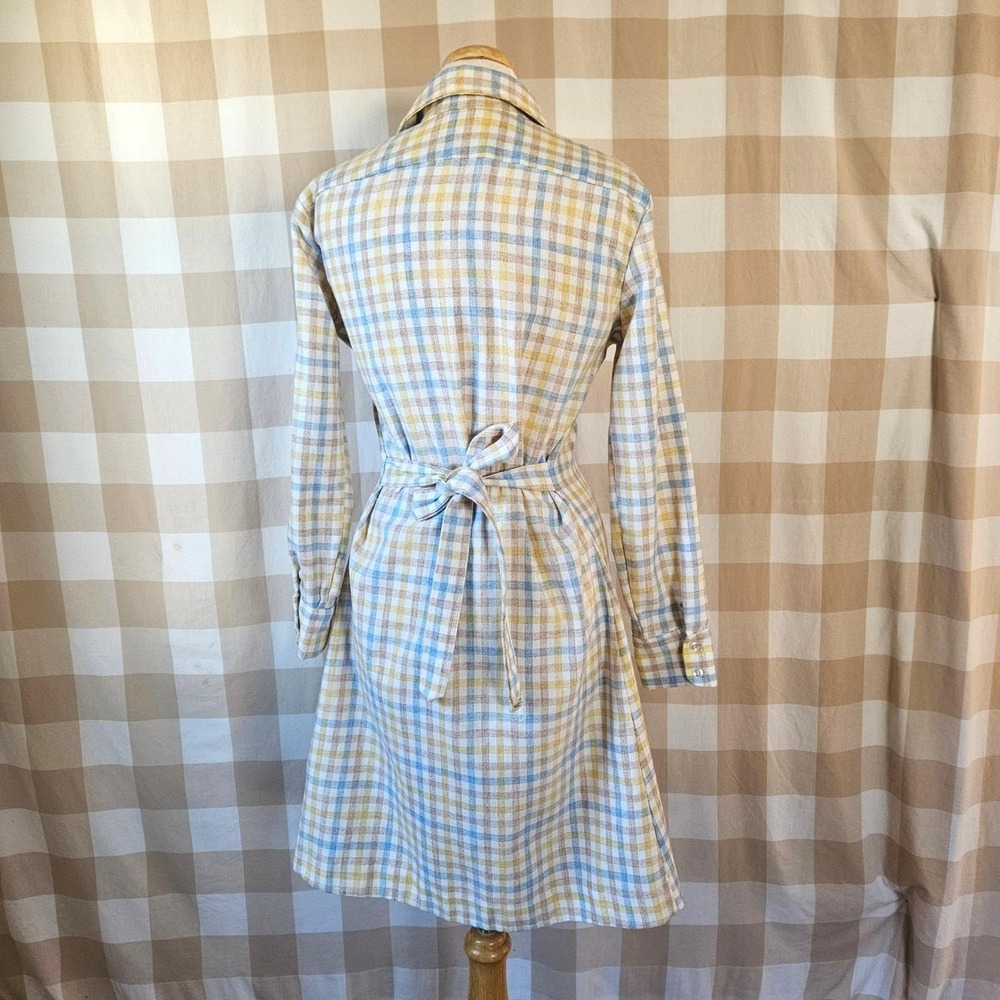Vtg 70s LEVI'S Plaid Yellow Blue Button Front Belted Shirt Dress Midi 13/14 M/L - Picture 6 of 7